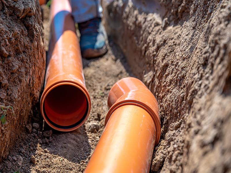 Canalisation en PVC orange dans une tranchée